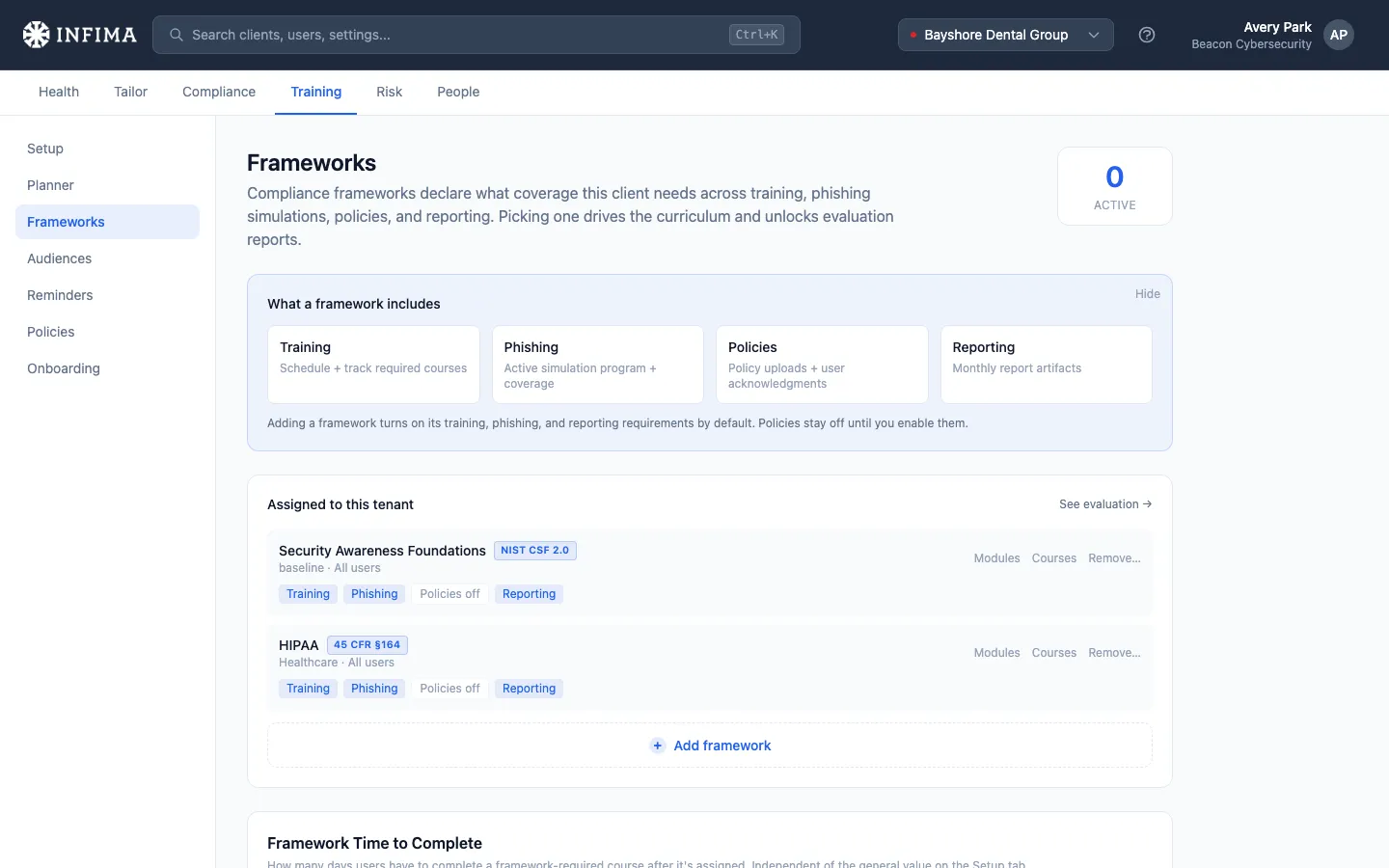 Frameworks tab for a client showing Security Awareness Foundations assigned by default