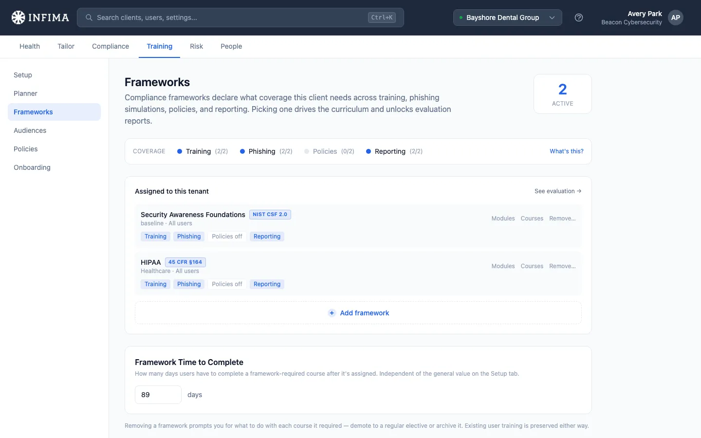 Frameworks page showing the auto-assigned Security Awareness Foundations