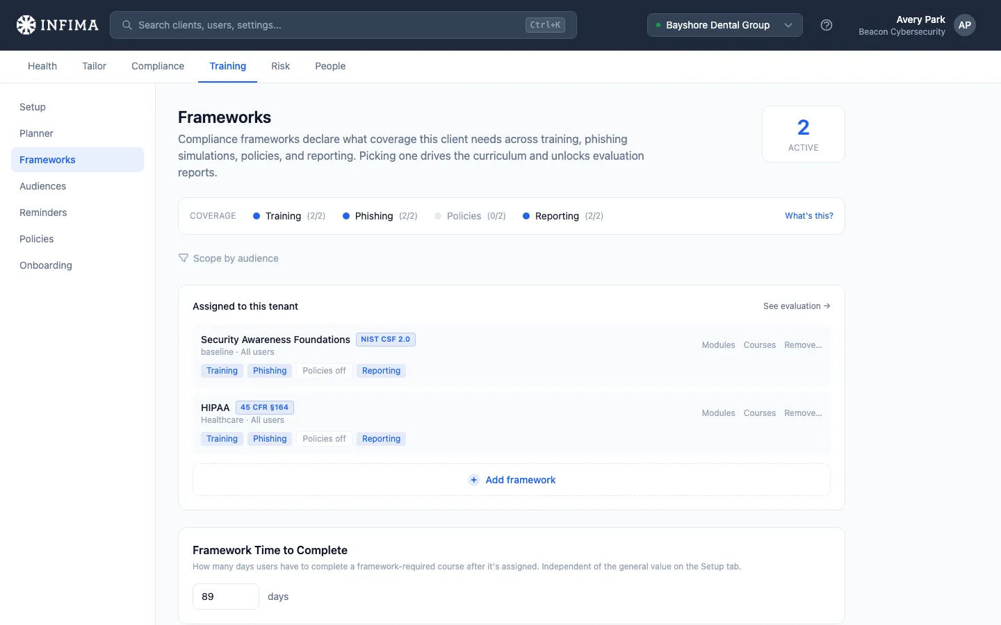 Frameworks page showing the auto-assigned Security Awareness Foundations
