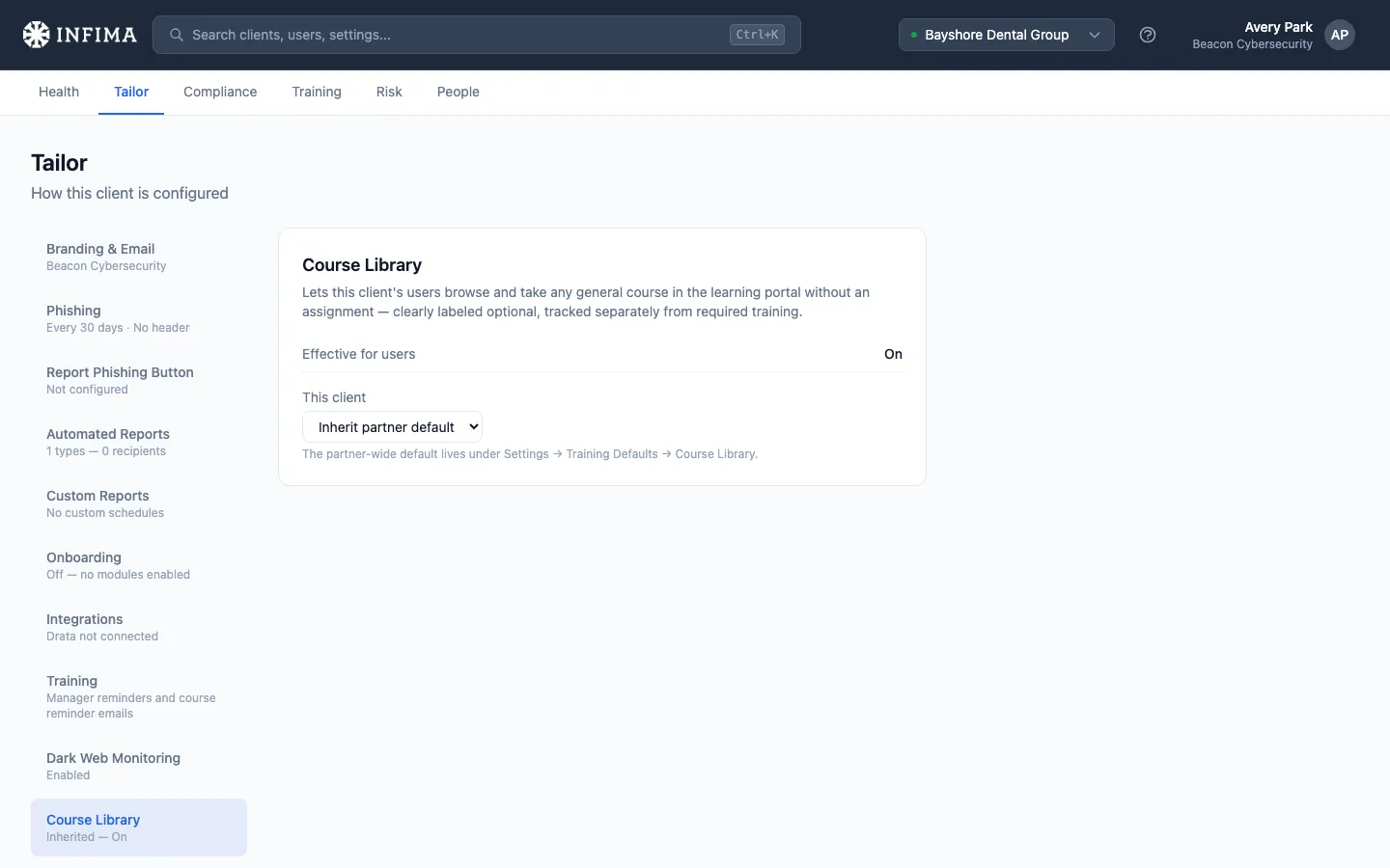 Client Manage page's Course Library section with the inherit/on/off selector and the effective value