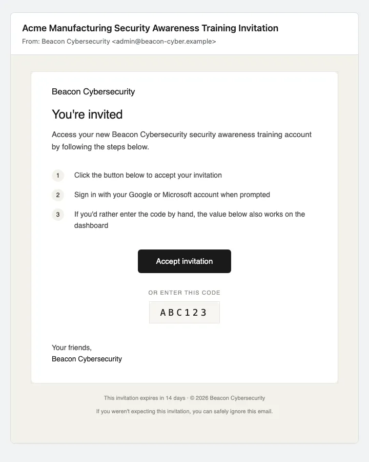 Rendered admin invite email — Accept invitation button and manual code.