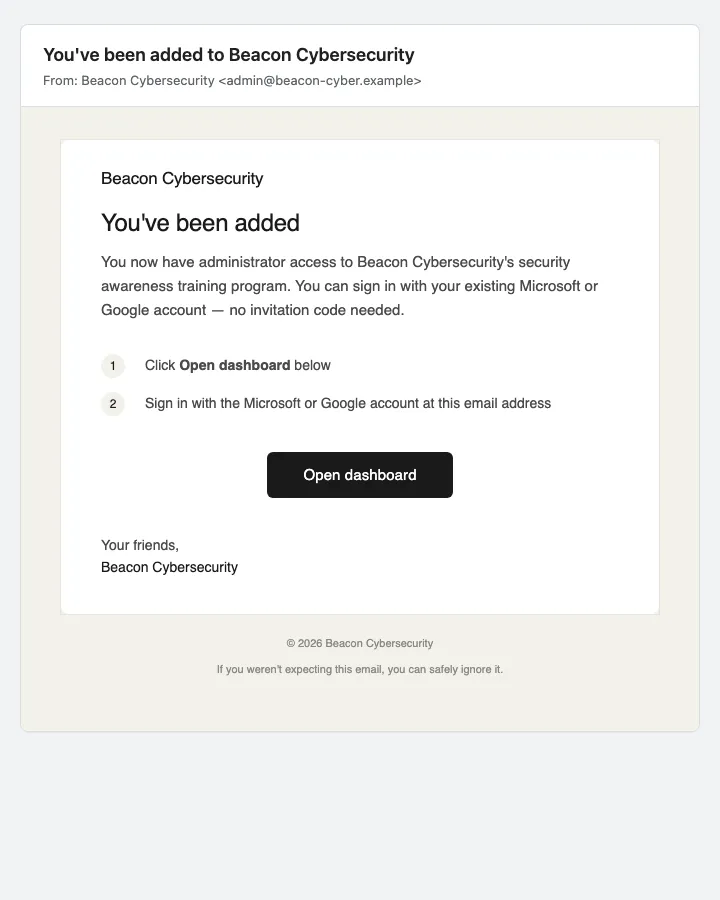 Rendered SSO welcome email — Open dashboard button, no code required.