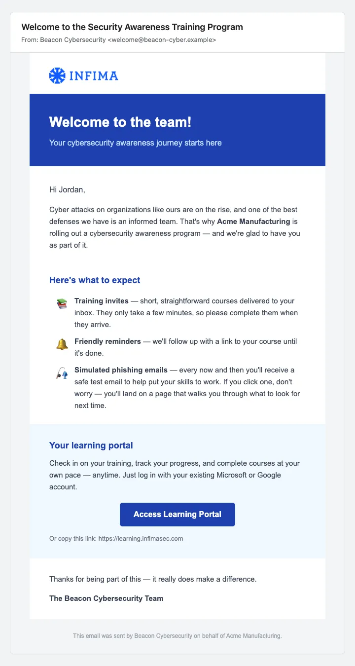 Welcome email greeting the user with the Access Learning Portal button