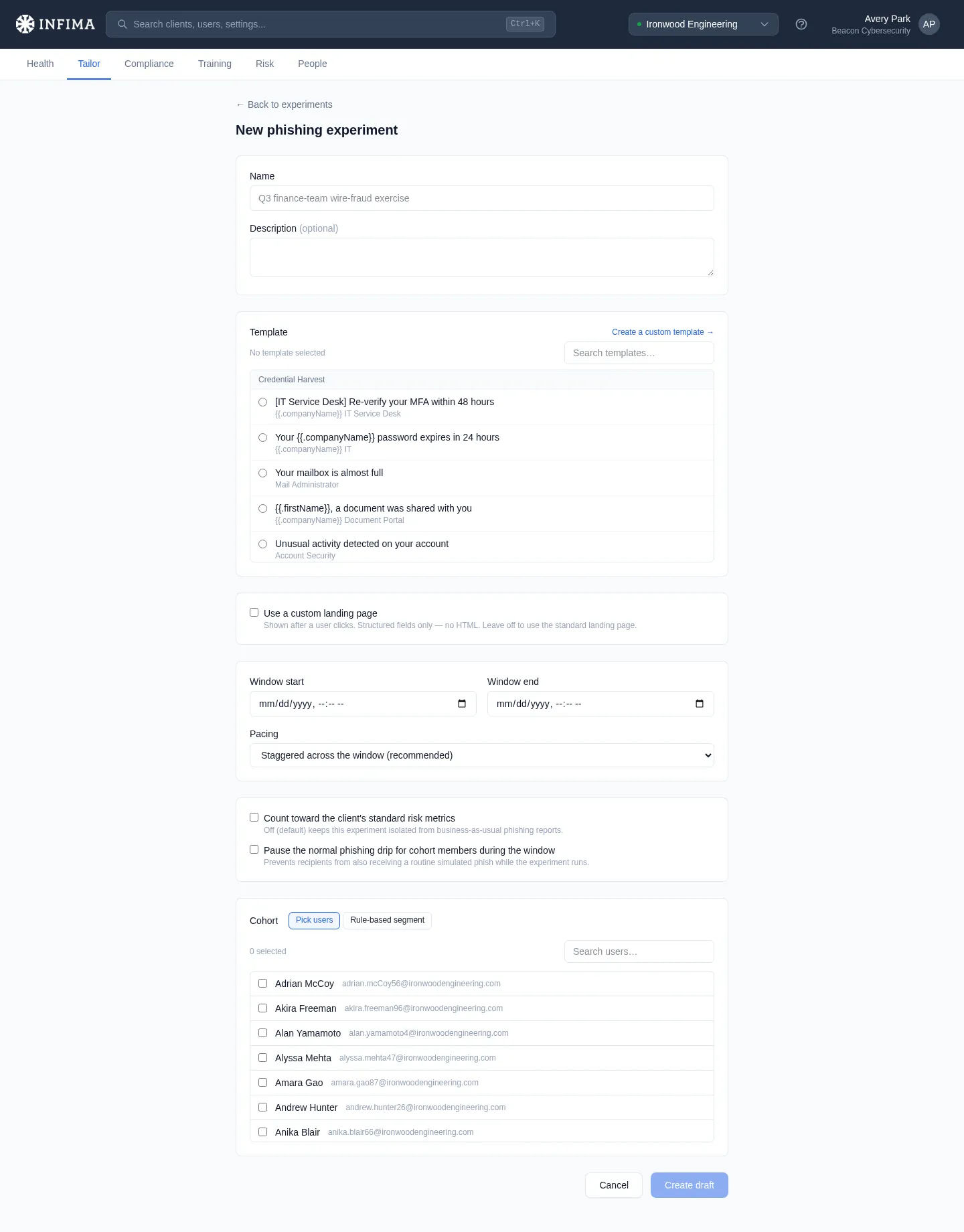 New experiment form with name, template picker, custom landing page, window and pacing, isolation options, and cohort builder