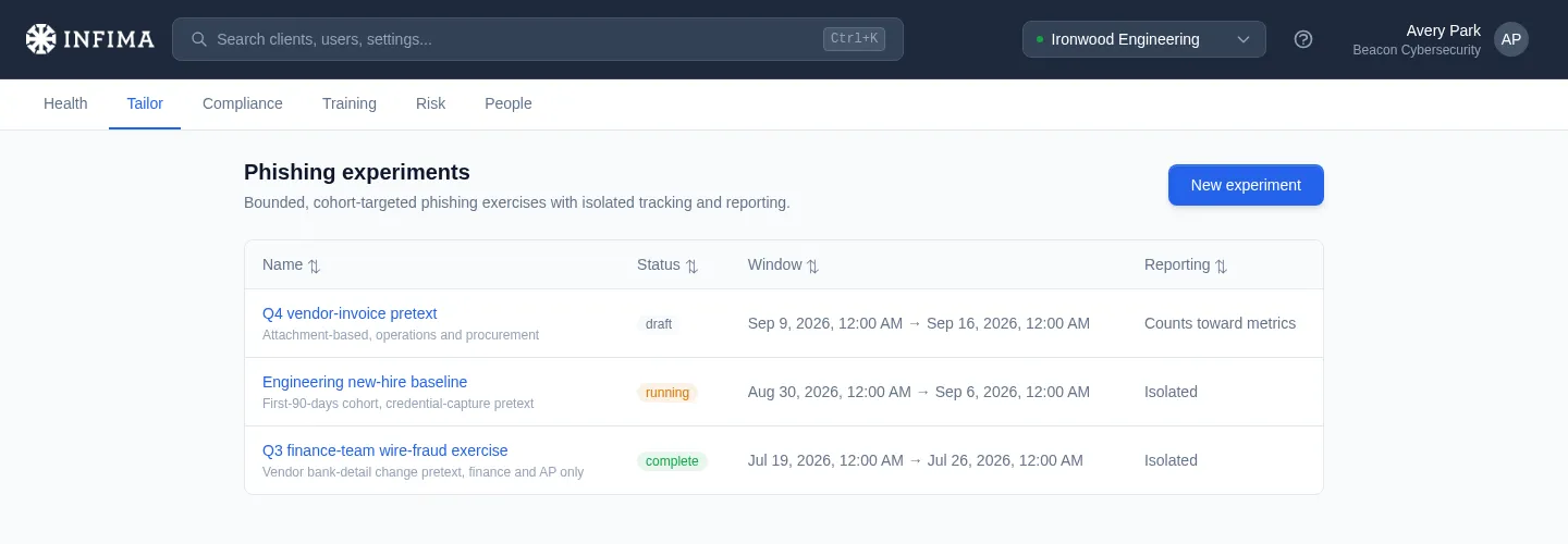 Experiments list showing a complete, a running, and a draft experiment with their windows and reporting treatment