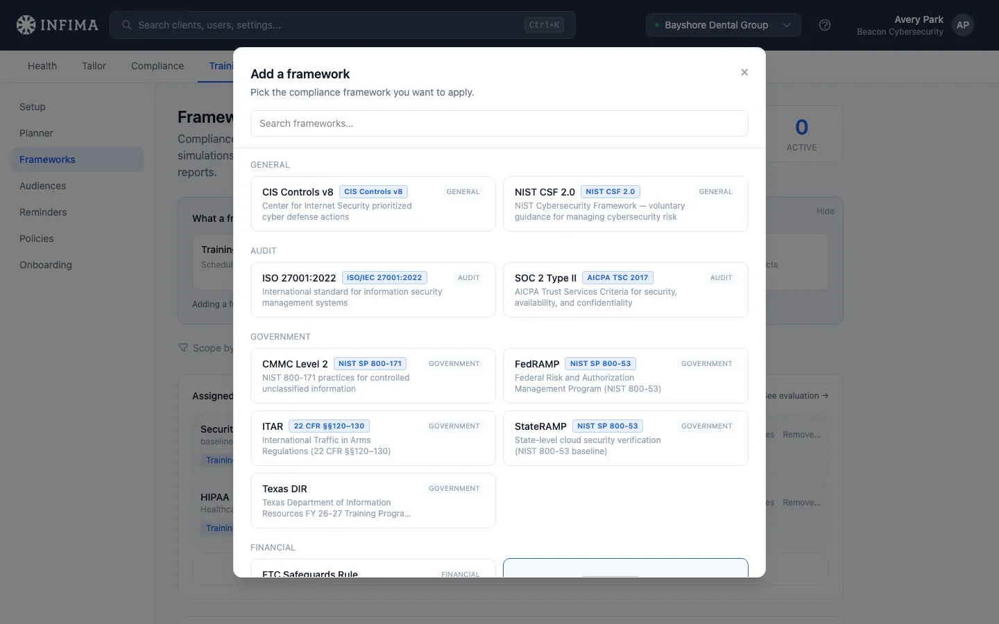 Add framework picker showing categories of available frameworks
