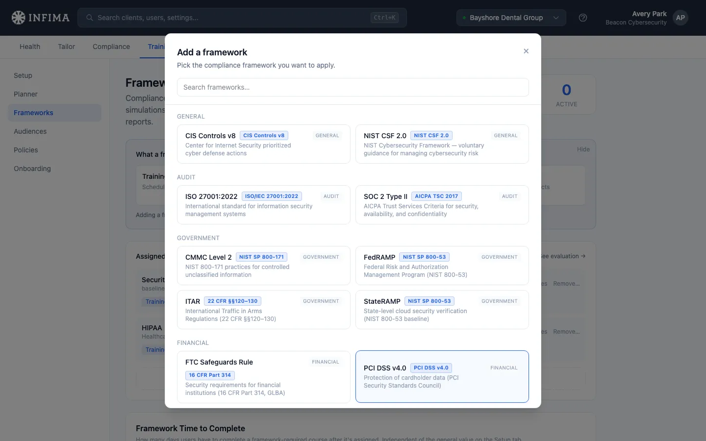 Add framework picker showing categories of available frameworks