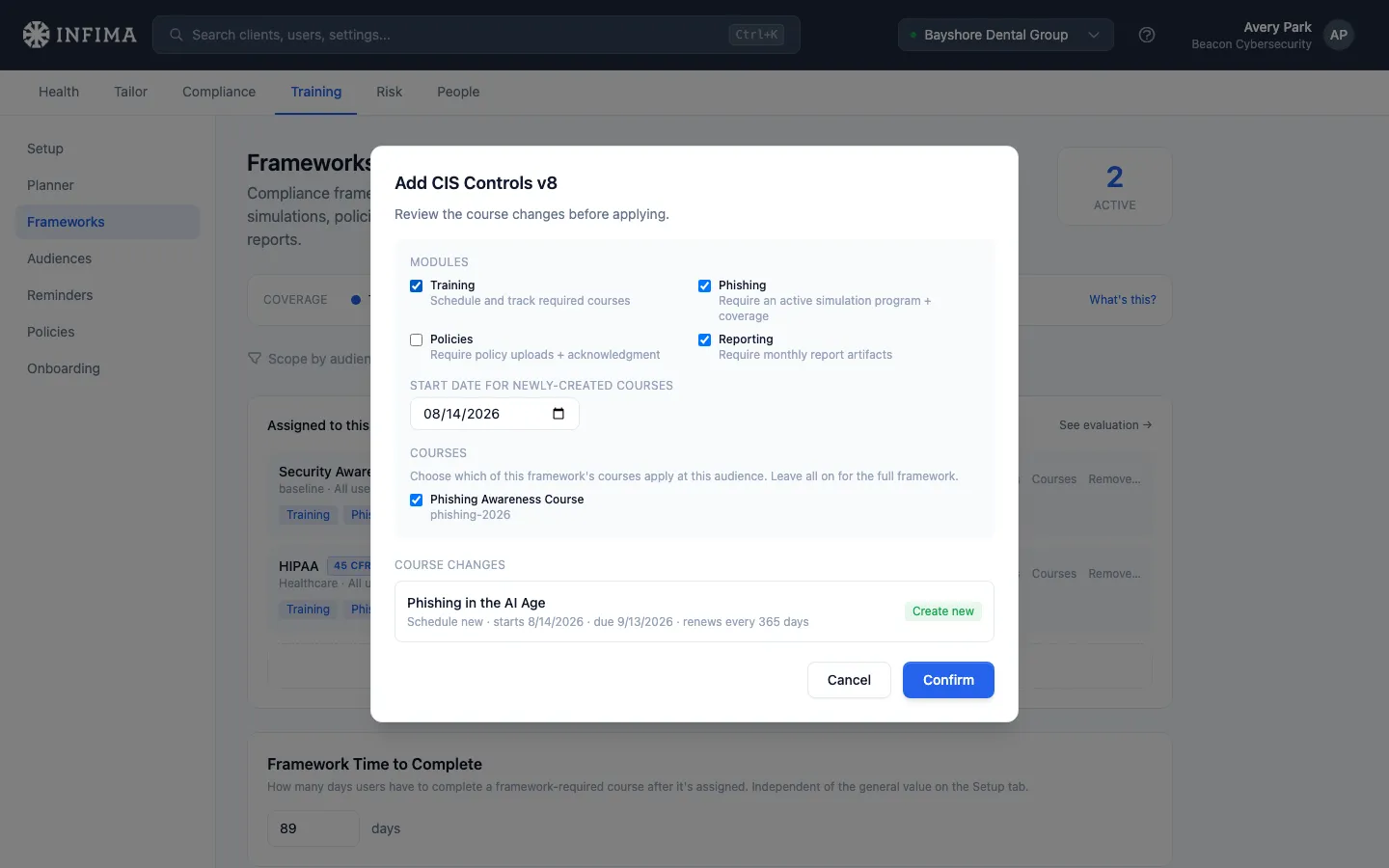Review screen showing modules, courses, and start date for the framework being added