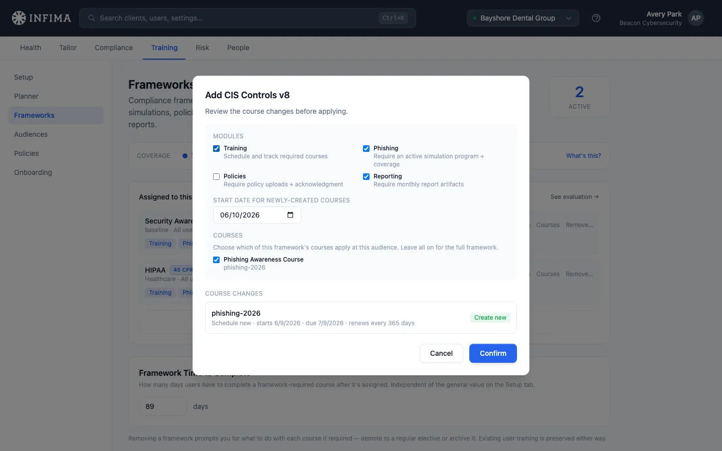 Review screen showing modules, courses, and start date for the framework being added