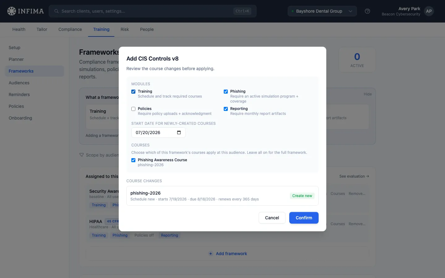 Review screen showing modules, courses, and start date for the framework being added