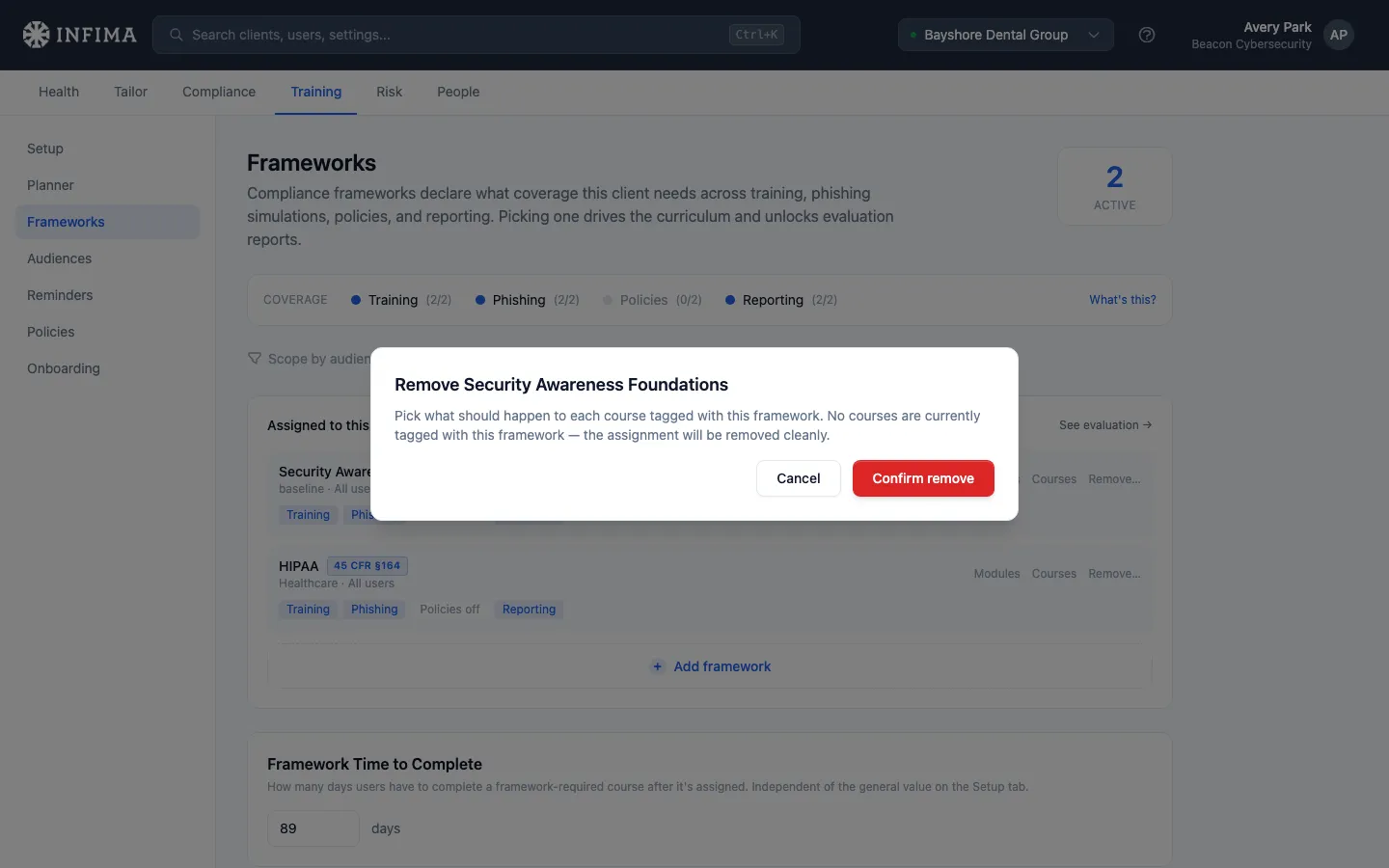 Remove framework modal showing per-course Keep / Archive decisions