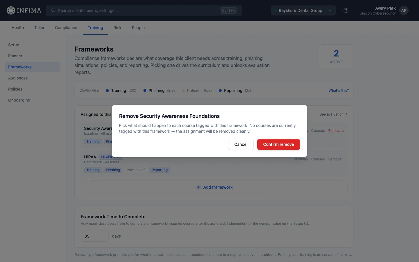 Remove framework modal showing per-course Keep / Archive decisions