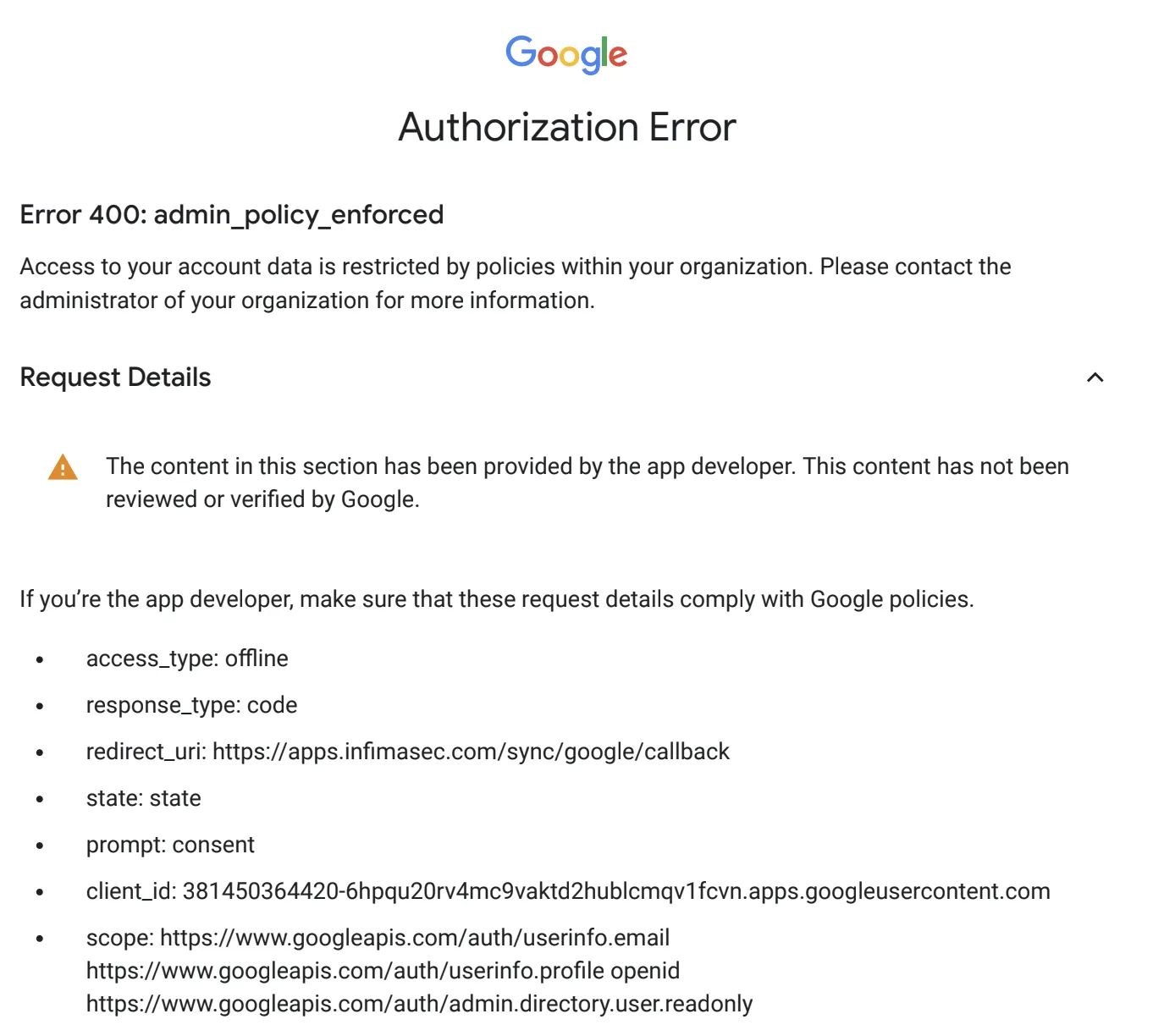 Google OAuth Authorization Error screen showing Error 400: admin_policy_enforced