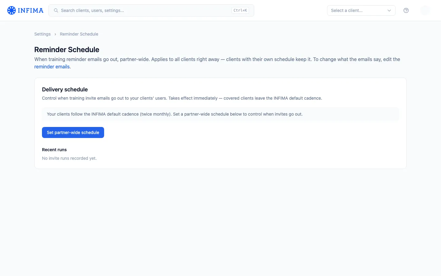 Partner Reminder Schedule page with the delivery schedule card and send history