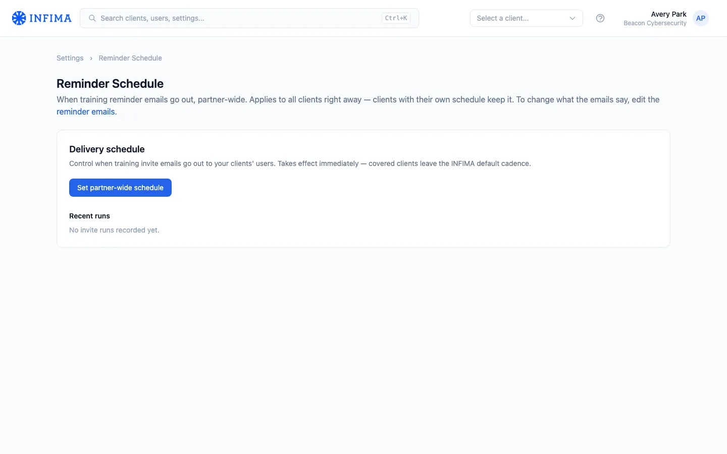 Partner Reminder Schedule page with the delivery schedule card and send history