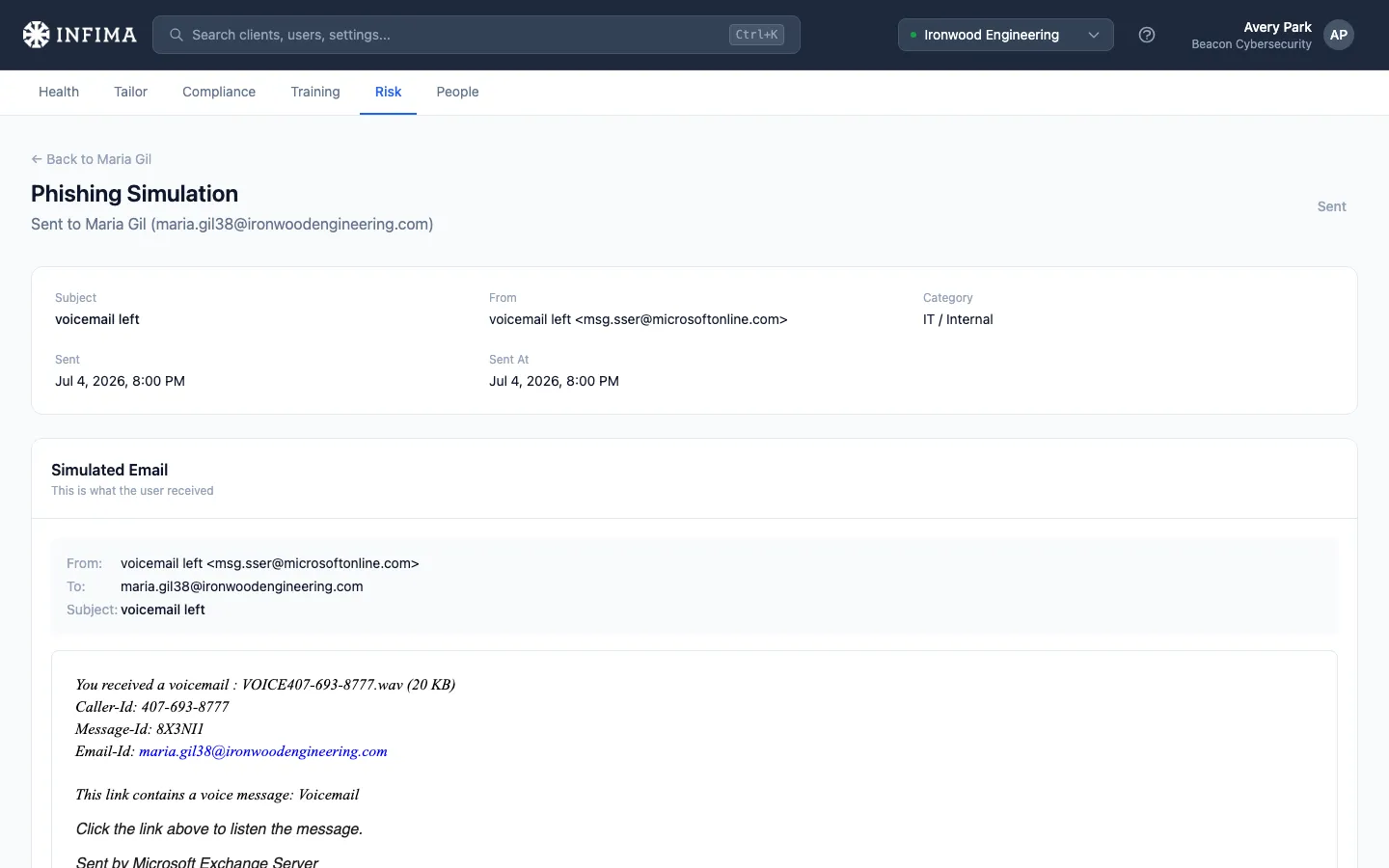 Per-result detail page showing the status pill, the metadata grid, IP / User Agent, and the simulated-email preview pane