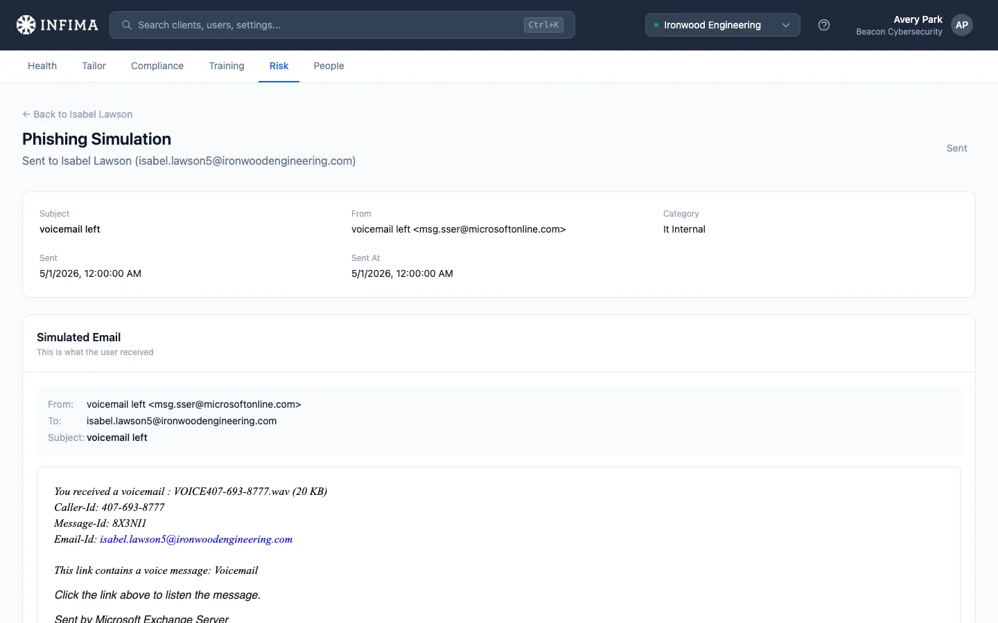 Per-result detail page showing the status pill, the metadata grid, IP / User Agent, and the simulated-email preview pane