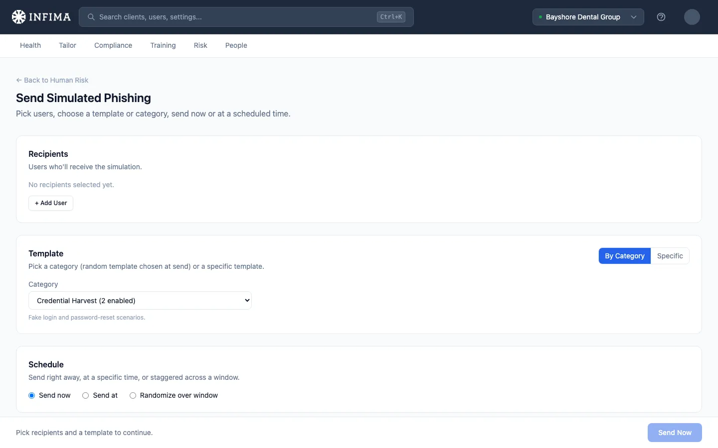 Send Simulated Phishing page with recipients, template, and schedule sections