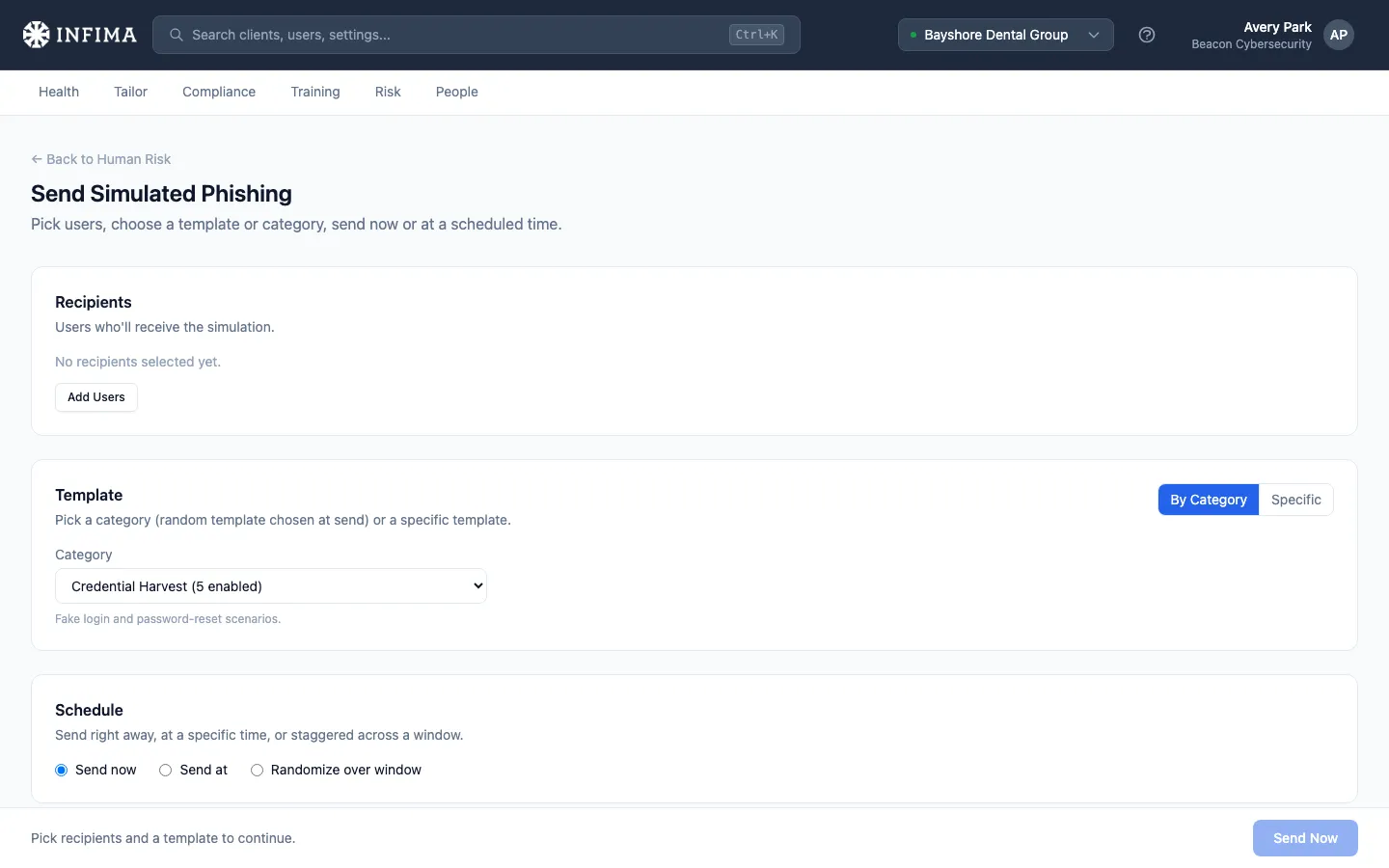 Send Simulated Phishing page with recipients, template, and schedule sections