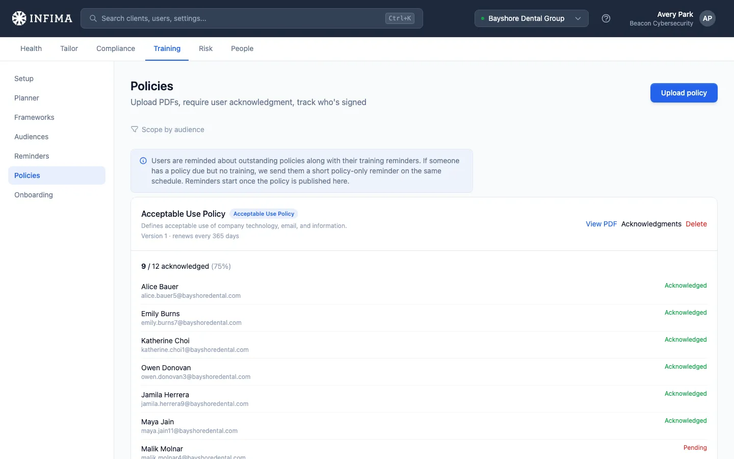 A policy expanded to show per-user acknowledgment status with an acknowledged/pending breakdown