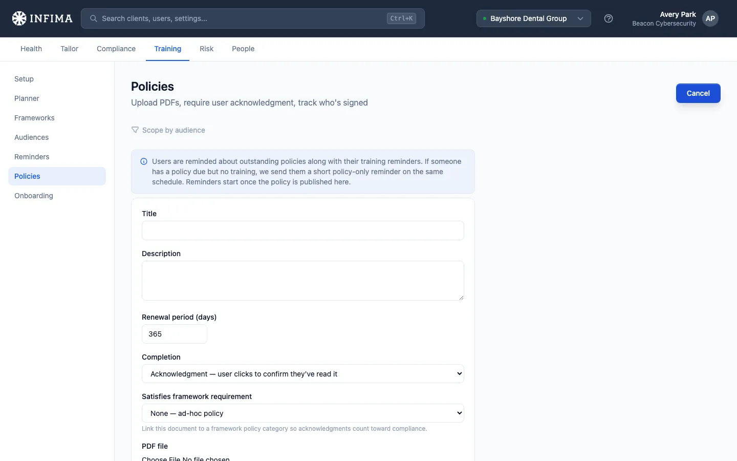 INFIMA policy upload form with title, description, renewal period, completion mode, and framework-requirement fields