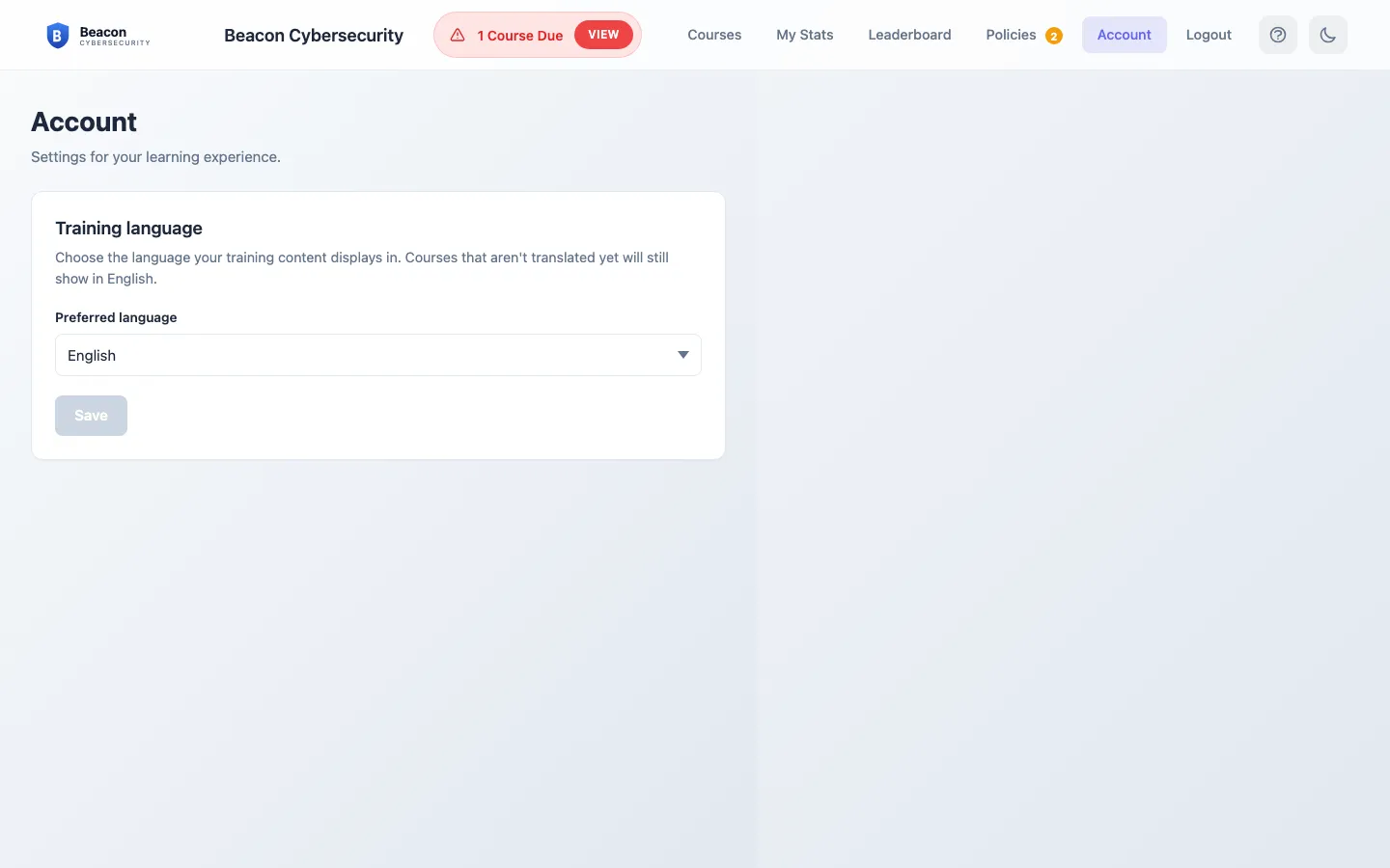 Learning portal Account page with a Training language dropdown listing English, Español, and Français (Canada), and a Save button below the picker.