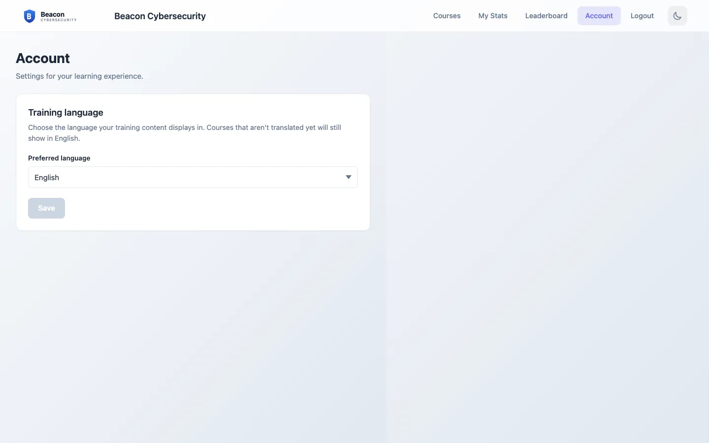 Learning portal Account page with a Training language dropdown listing English, Español, and Français (Canada), and a Save button below the picker.