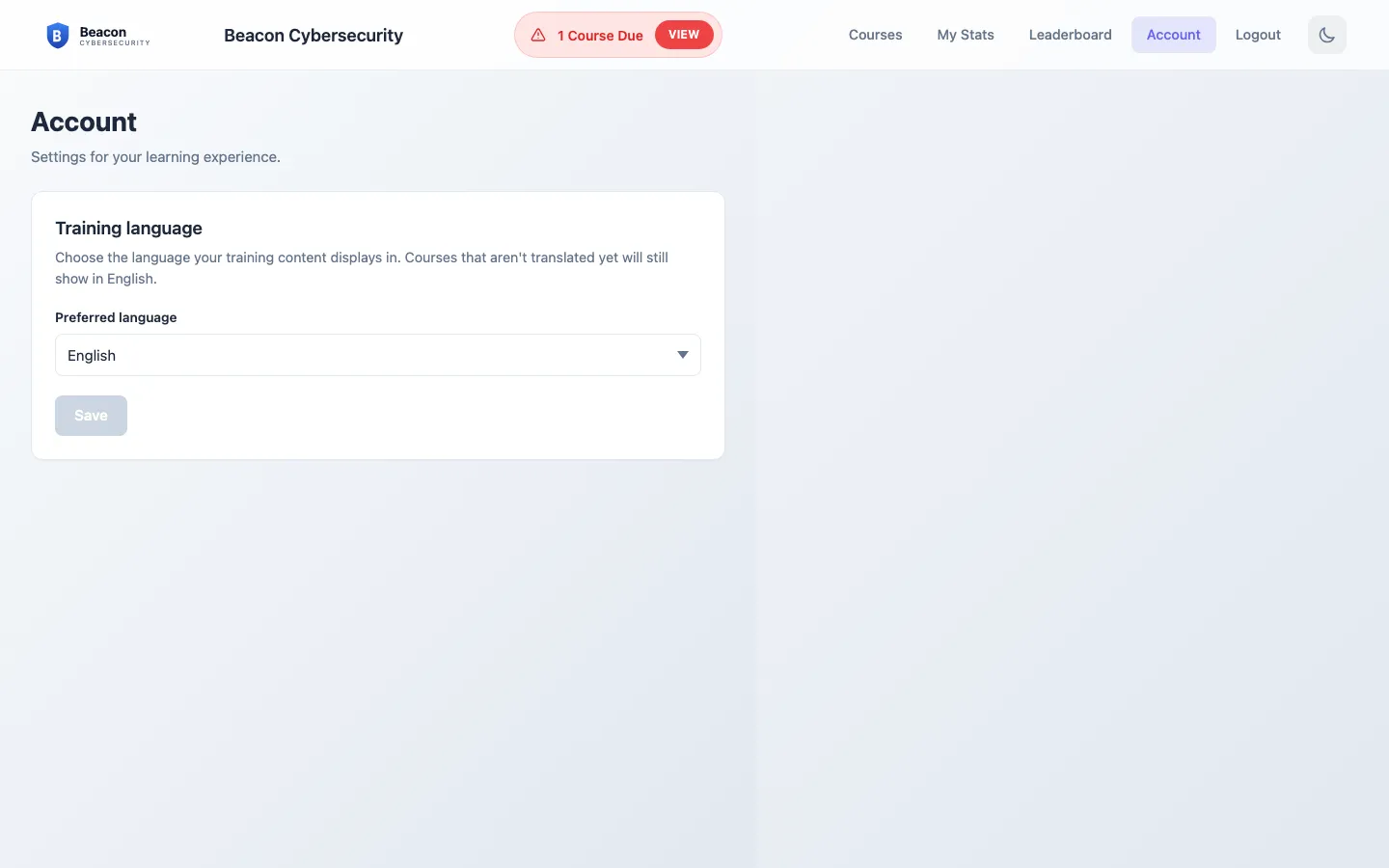 Learning portal Account page with a Training language dropdown listing English, Español, and Français (Canada), and a Save button below the picker.