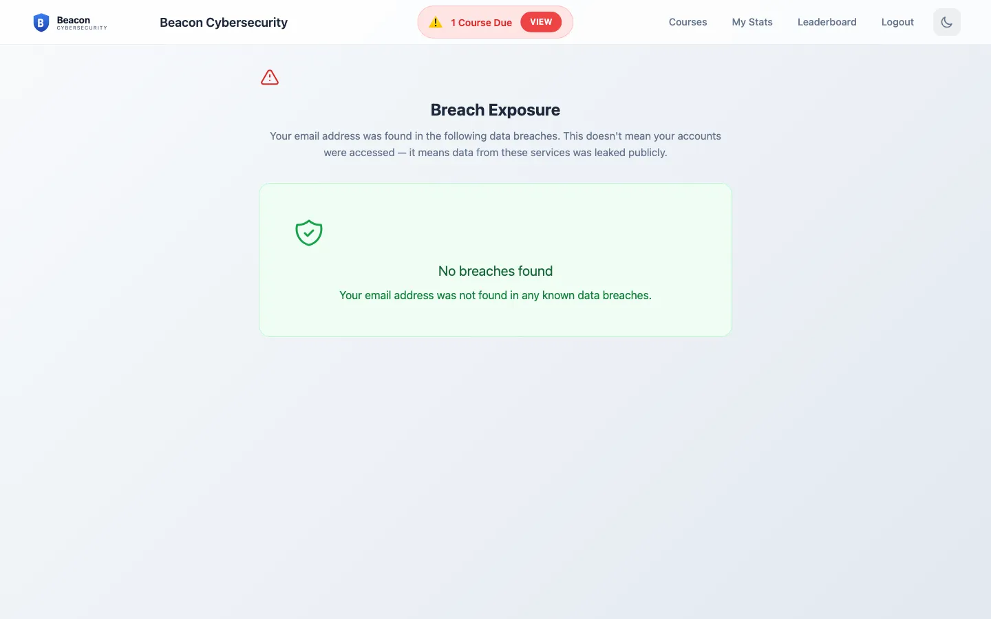 Breaches page listing each public breach the user's email appears in, with severity-tier badges and Mark resolved actions.