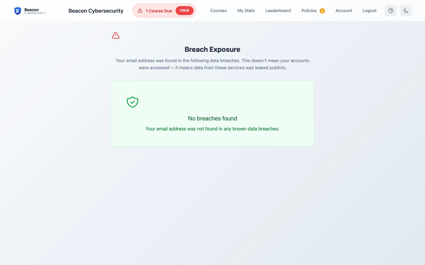 Breaches page listing each public breach the user's email appears in, with severity-tier badges and Mark resolved actions.