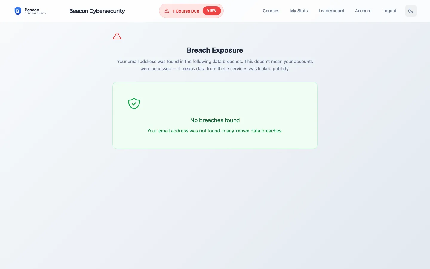 Breaches page listing each public breach the user's email appears in, with severity-tier badges and Mark resolved actions.