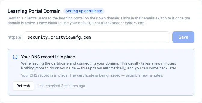 Learning Portal Domain card in the Setting up certificate state