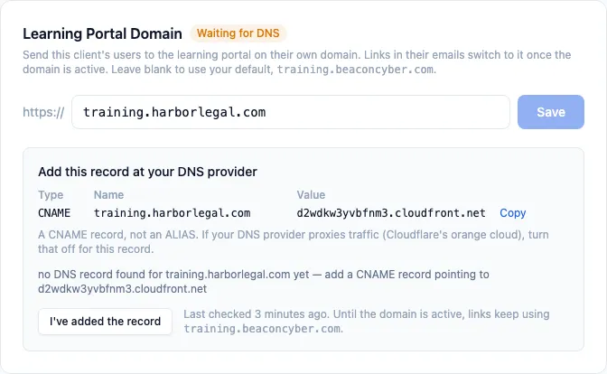 Learning Portal Domain card in the Waiting for DNS state, showing the CNAME record to add