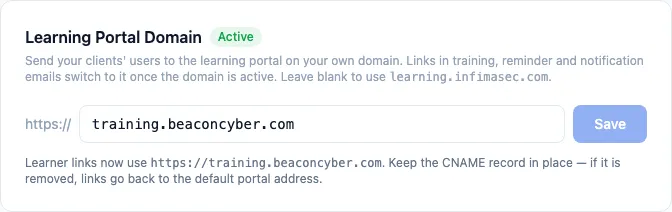 Learning Portal Domain card on the partner Whitelabel & Branding page, showing an active hostname
