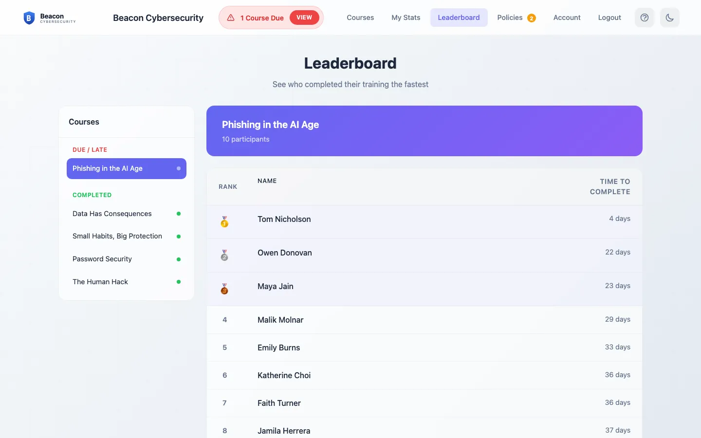 Leaderboard page with the course picker at the top and a ranked list of users by completion time.
