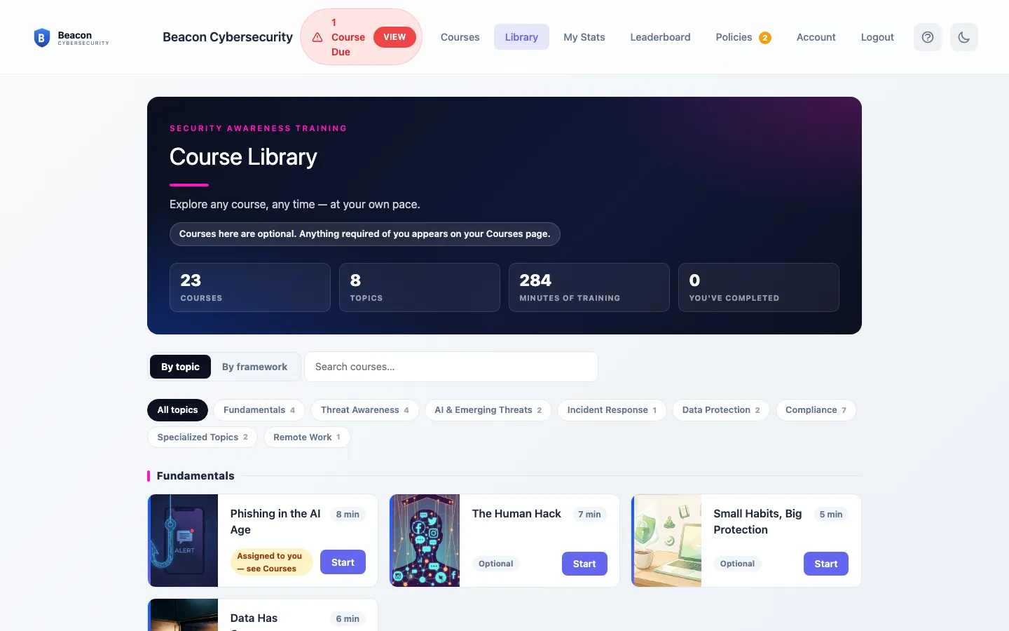 The learning portal's Course Library: hero with course and topic counts, search, category filters, and course cards