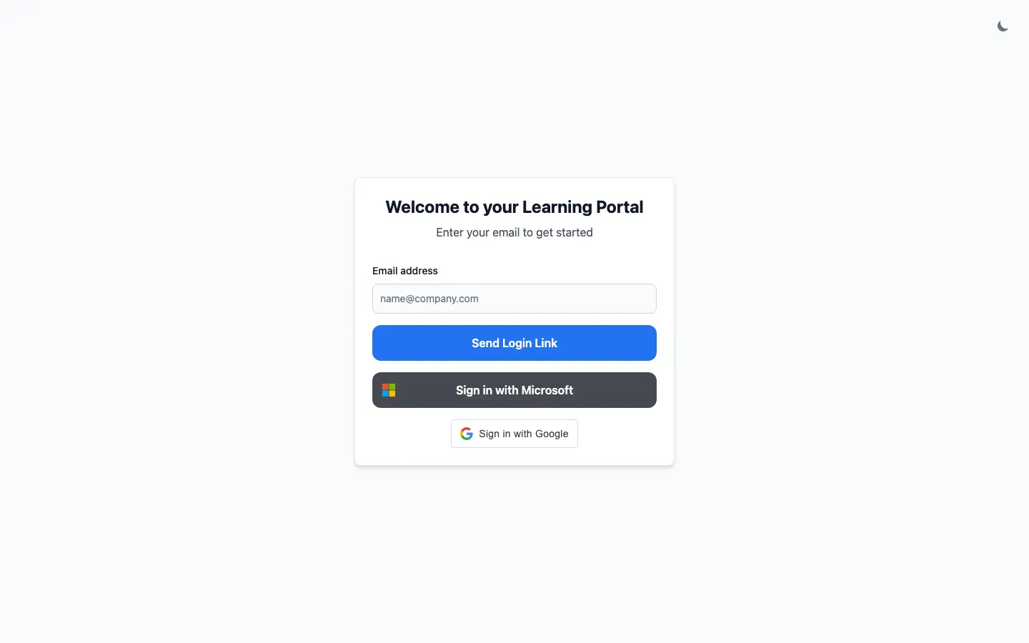 Learning Portal welcome screen with email sign-in form, Microsoft sign-in button, and Google sign-in button.