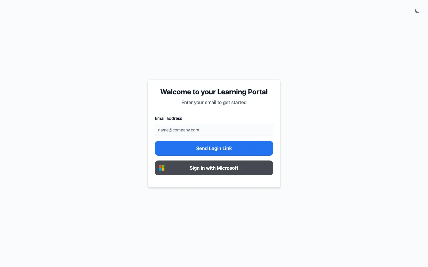 Learning Portal welcome screen with email sign-in form, Microsoft sign-in button, and Google sign-in button.