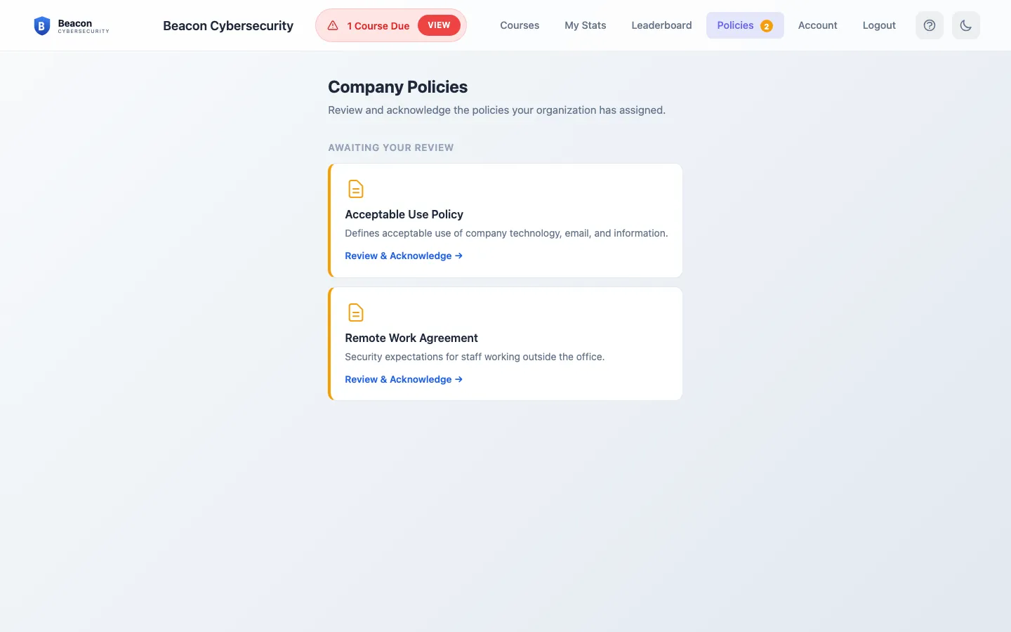 The learning portal Policies page listing outstanding policies awaiting review