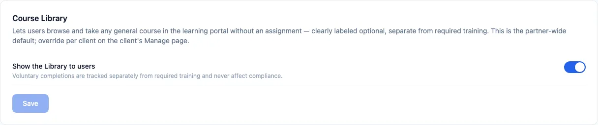 Settings > Training Defaults > Course Library card with the partner-wide toggle