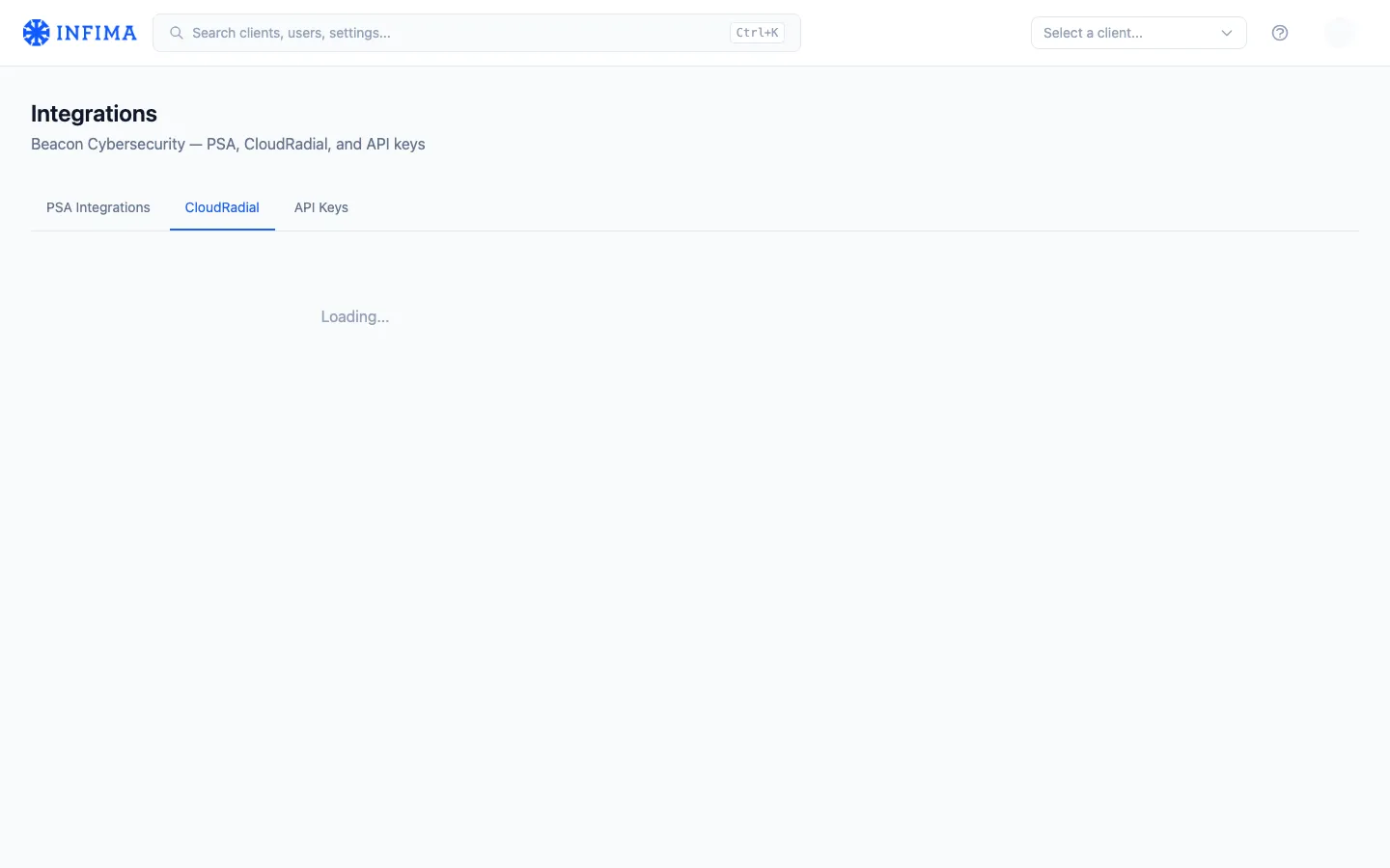 Settings → Integrations → CloudRadial tab in INFIMA