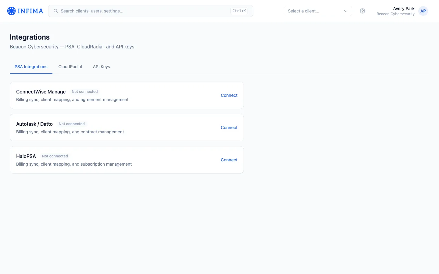 Settings → Integrations → ConnectWise Manage page in INFIMA