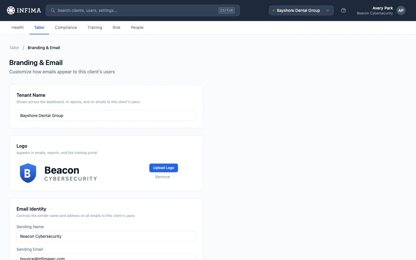 Tailor Branding & Email page with name, logo, and sender controls