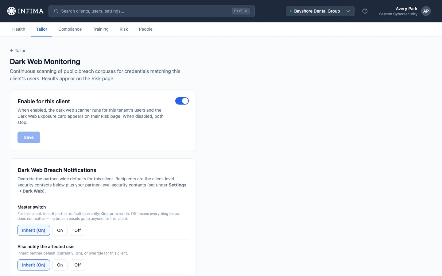 Dark Web Breach Notification settings with tri-state toggles and the client-level security contacts list