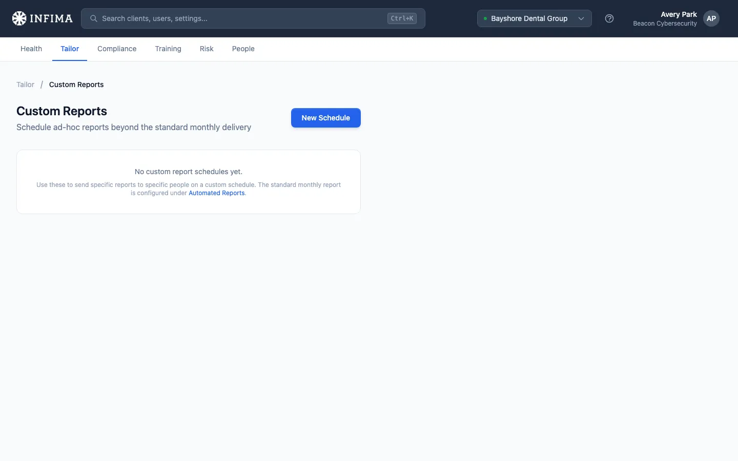 Tailor Custom Reports page listing scheduled custom reports