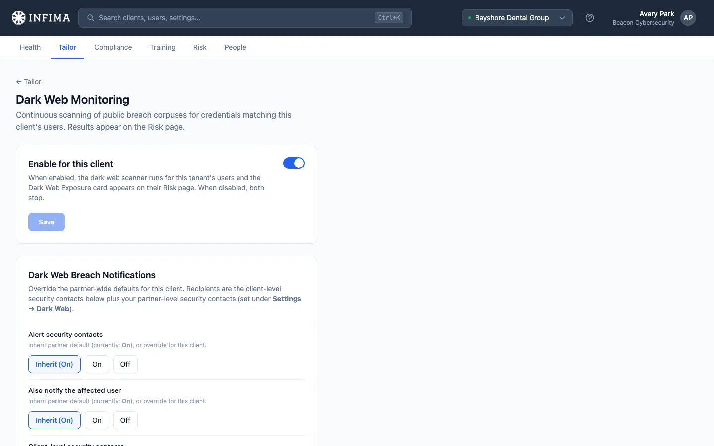 Dark Web Breach Notification settings with tri-state toggles and the client-level security contacts list