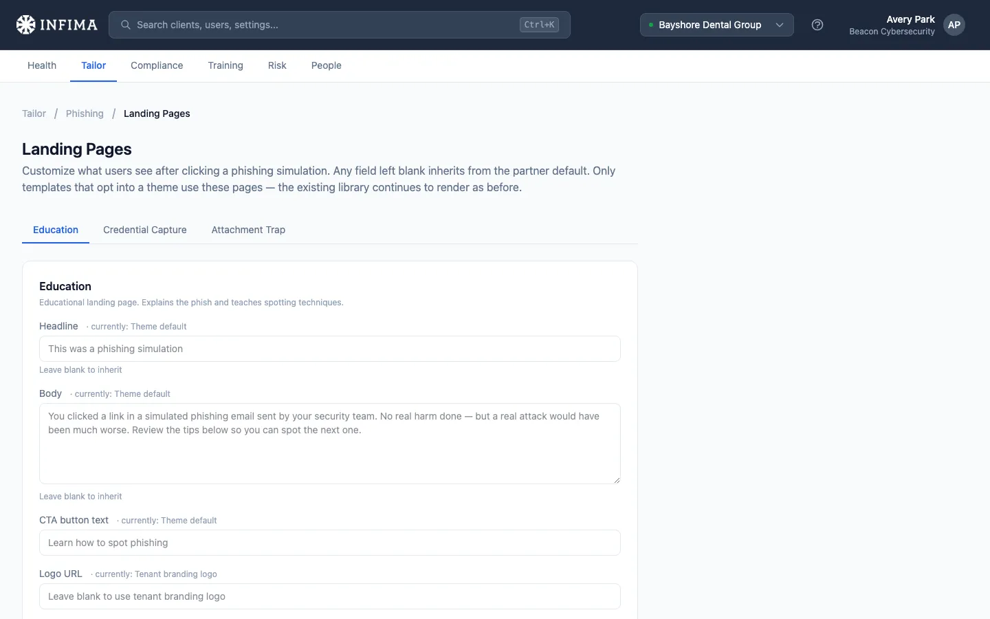 Tailor phishing landing pages with theme selector