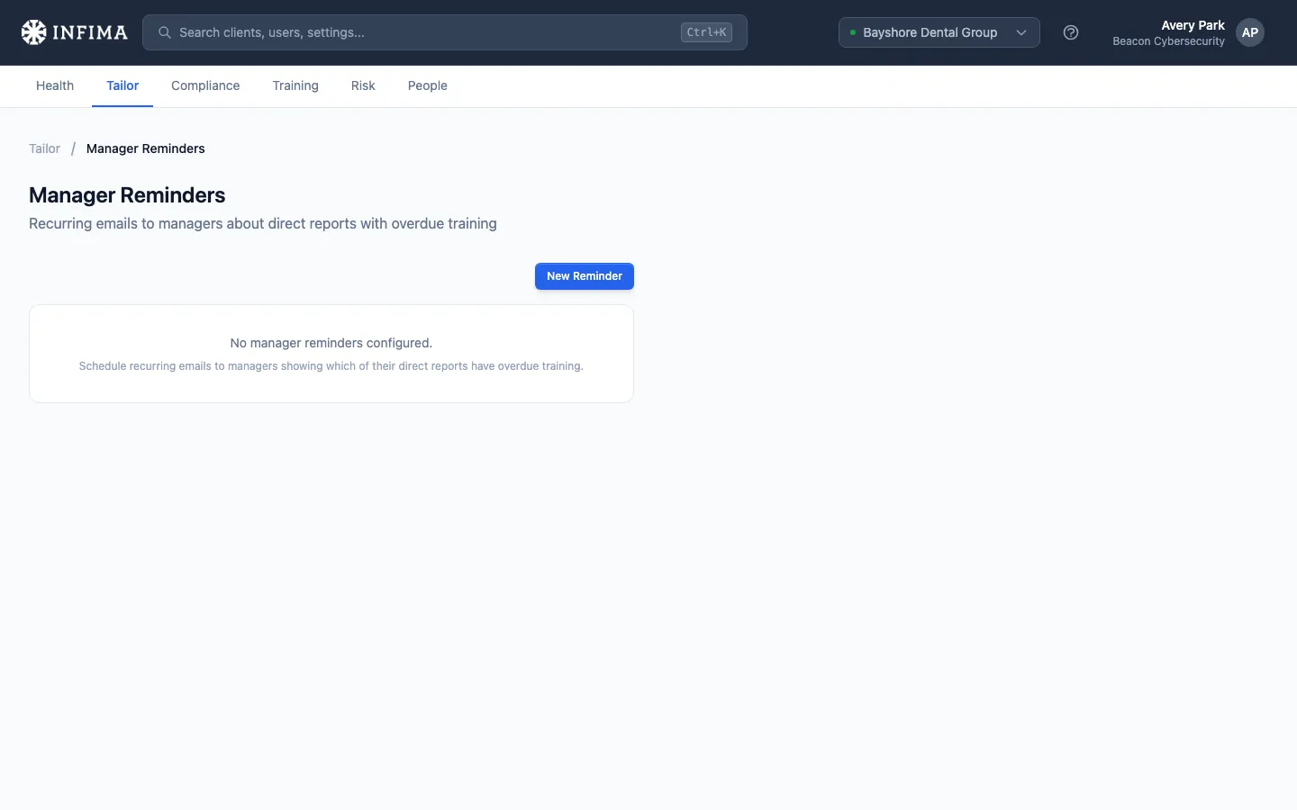 Tailor Manager Reminders page with a list of scheduled reminders