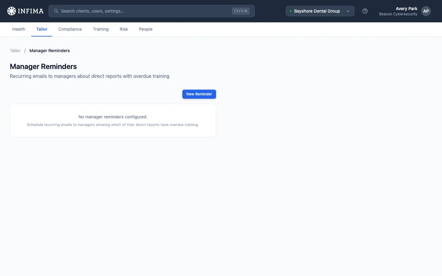 Tailor Manager Reminders page with a list of scheduled reminders