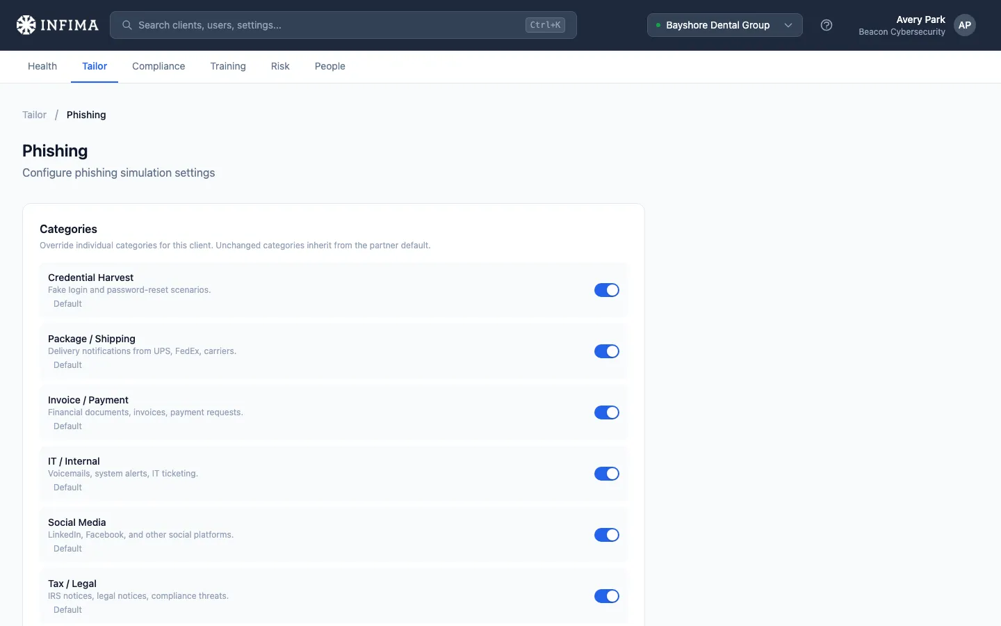 Tailor Phishing page showing category toggles